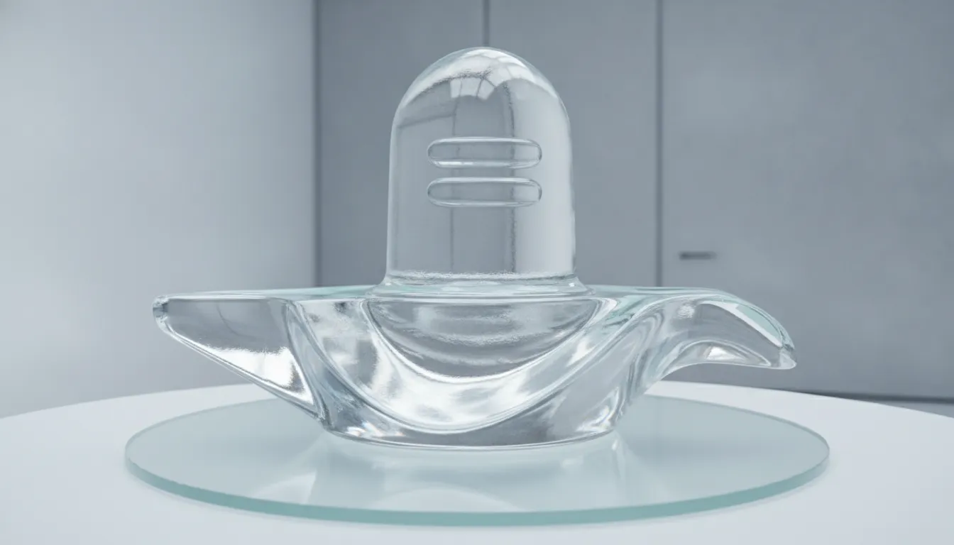 A modern minimalist ice shivling with clean geometric lines and a smooth translucent crystal finish.