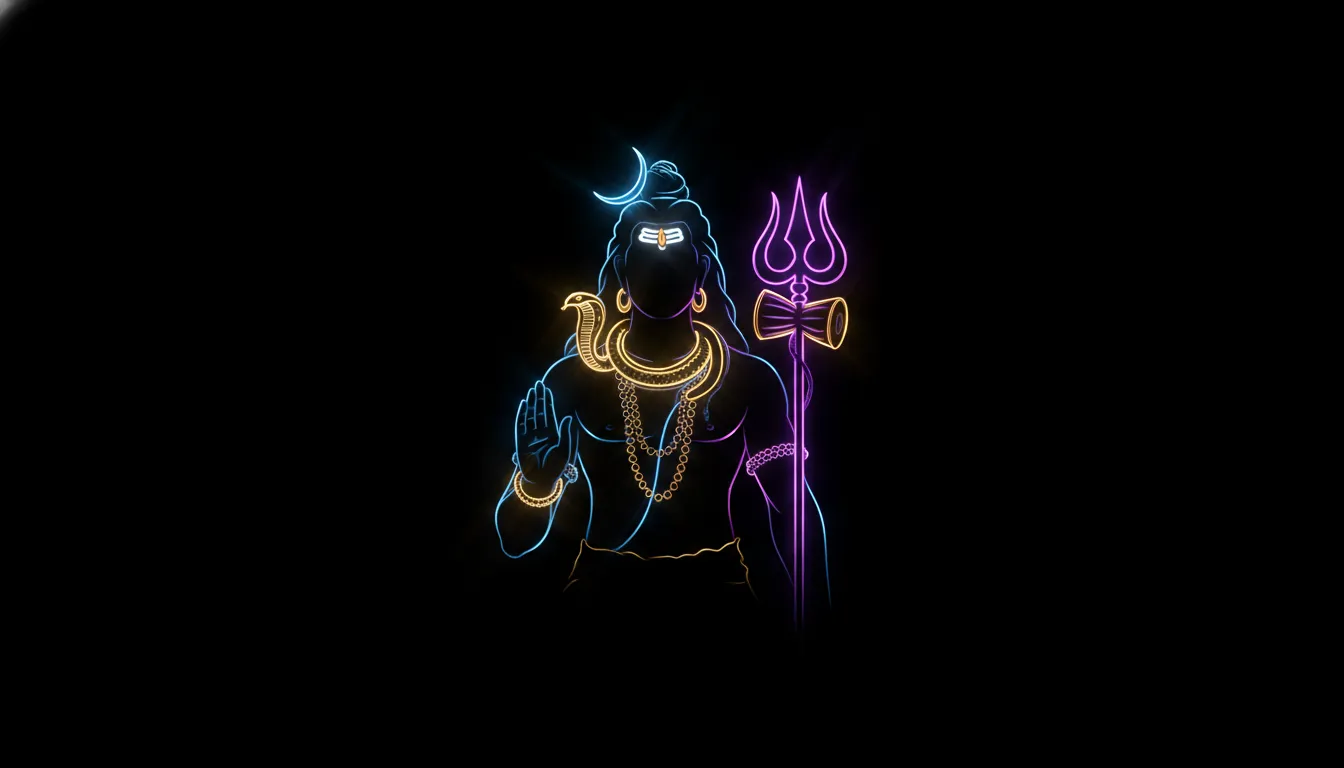 Abstract neon outline of Lord Shiva holding a trident in modern art style.