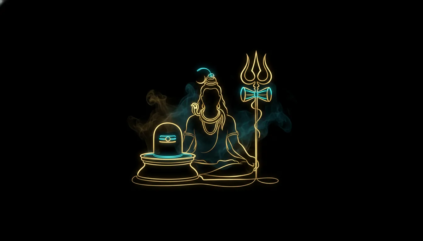 Minimalist neon line art of shivling glowing in brilliant gold and electric turquoise on a dark background.