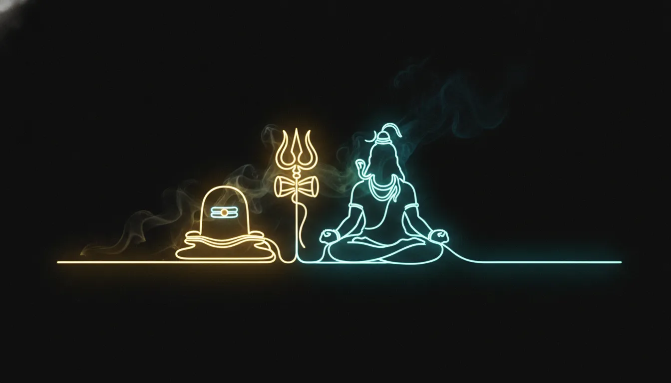 Minimalist neon line art of shivling glowing in brilliant gold and electric turquoise on a dark background.