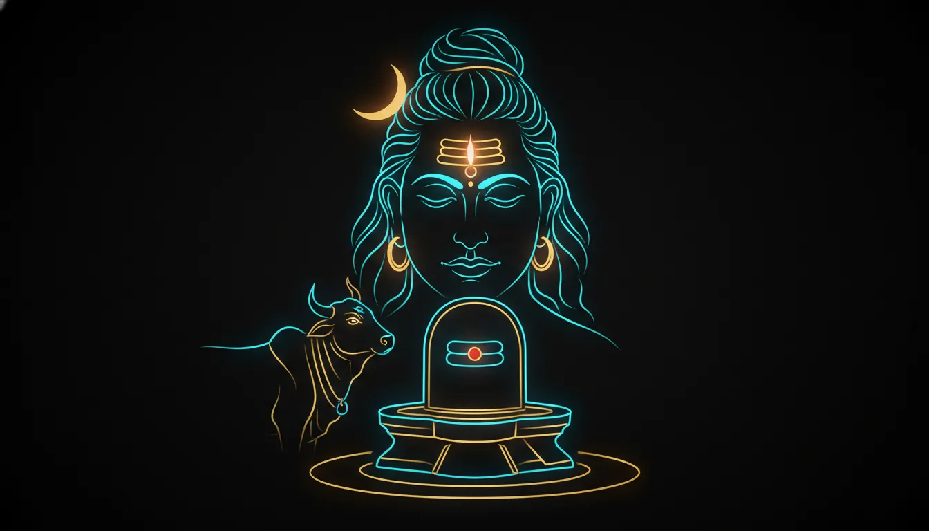 Futuristic neon 1080p bholenath nandi and shivling hd images with glowing line art aesthetics.