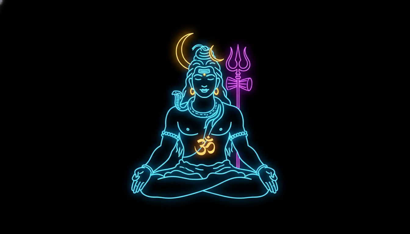 A modern artistic vector illustration of Lord Shiva using glowing blue and purple neon lines.