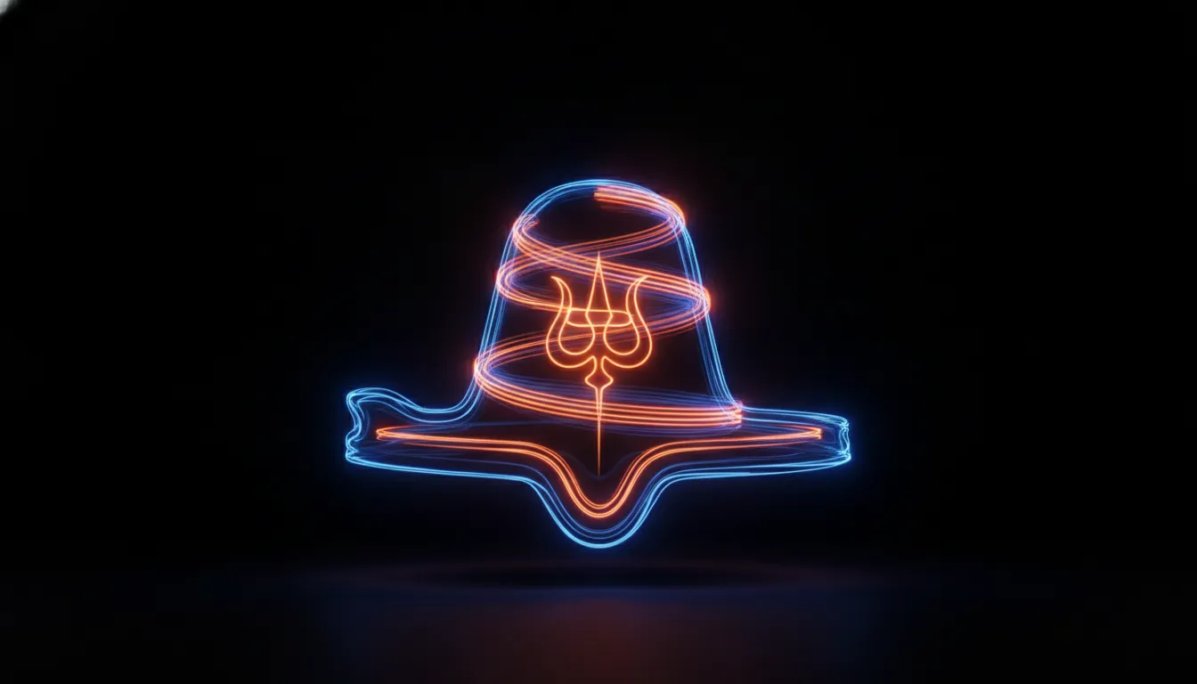 Modern abstract neon glow Mahakal shivling ki hd image with glowing blue and orange lines.