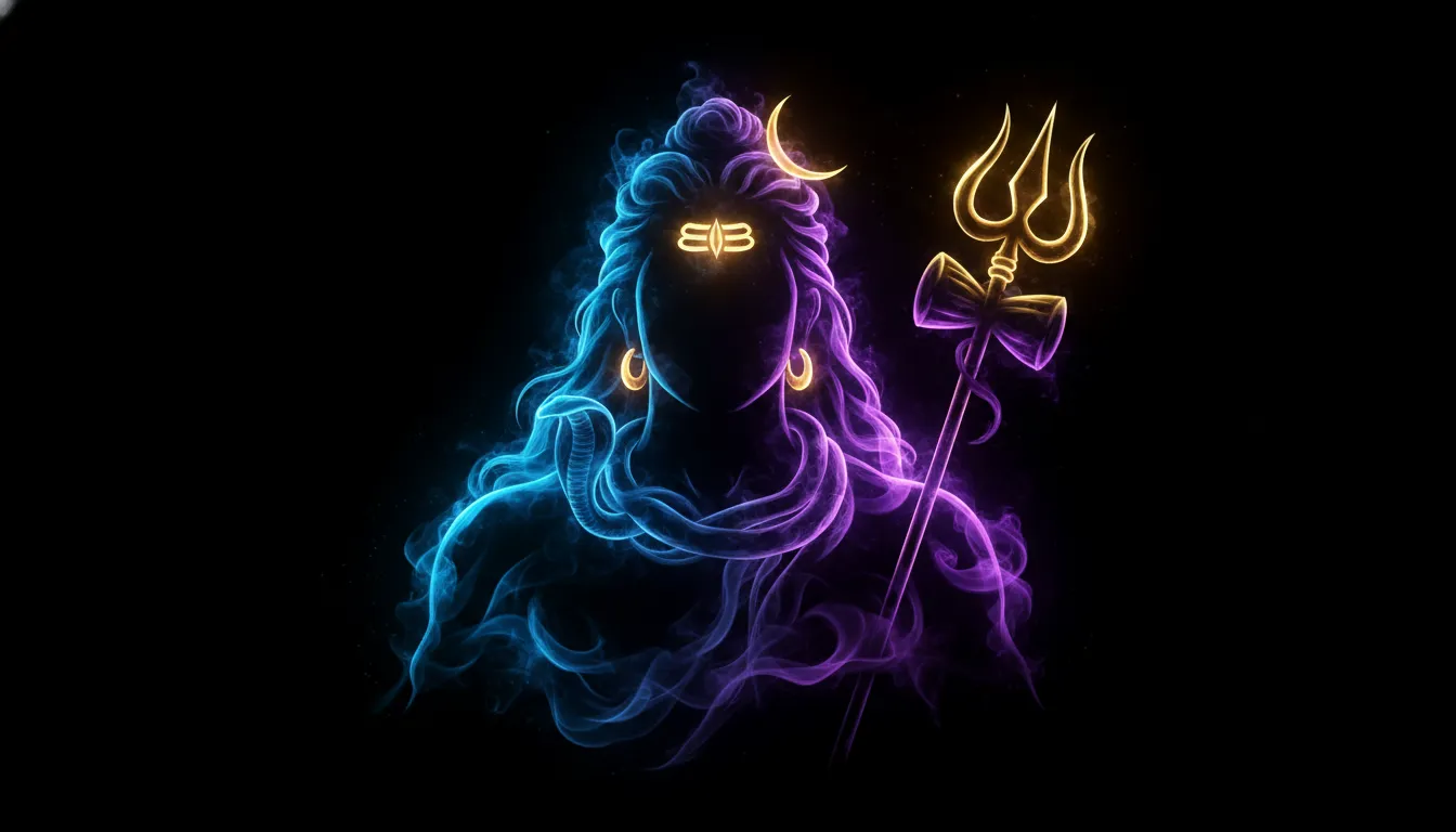 Cyberpunk style abstract Har Har Mahadev photo with neon blue and purple smoke