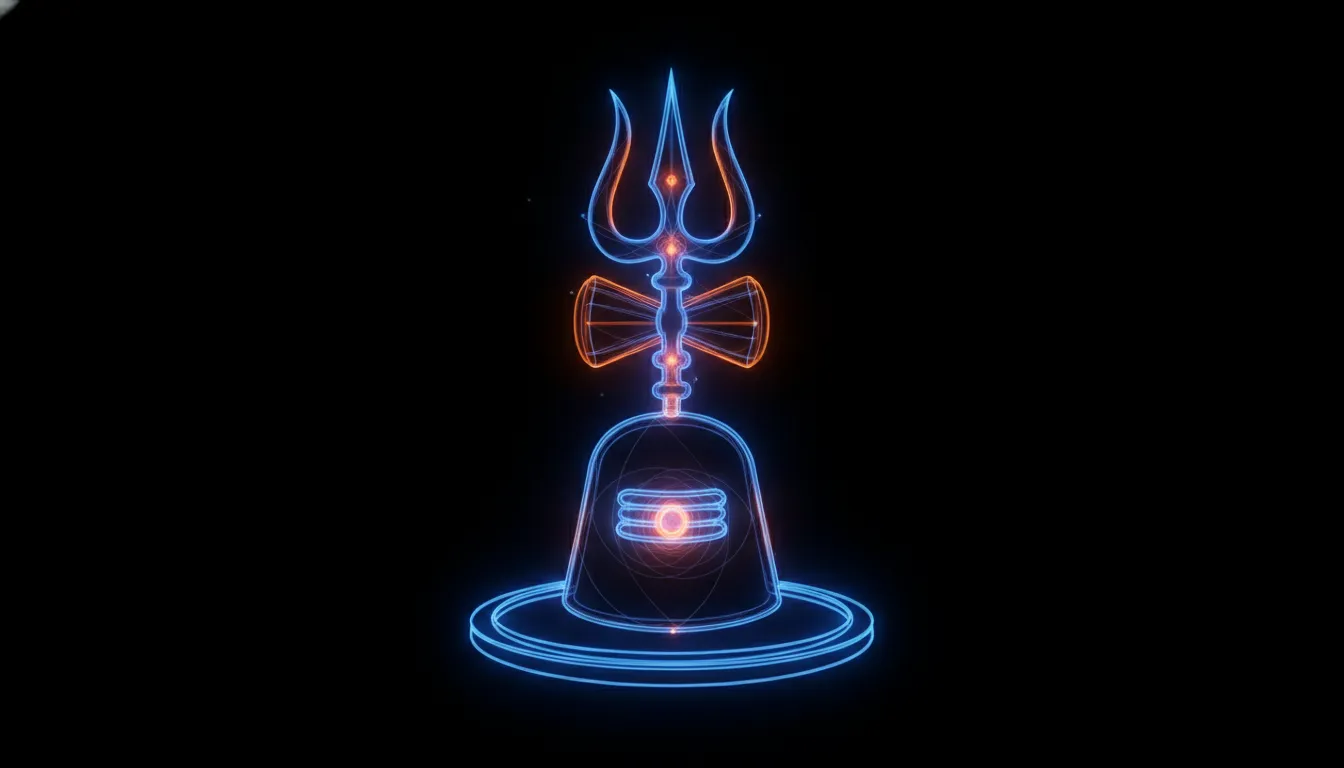 Glowing neon line art of Shivling and Trishul on a dark background