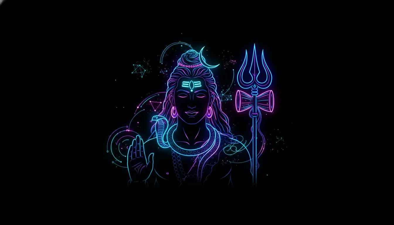 Futuristic neon glowing line art of Lord Shiva with electric blue and purple lighting effects.