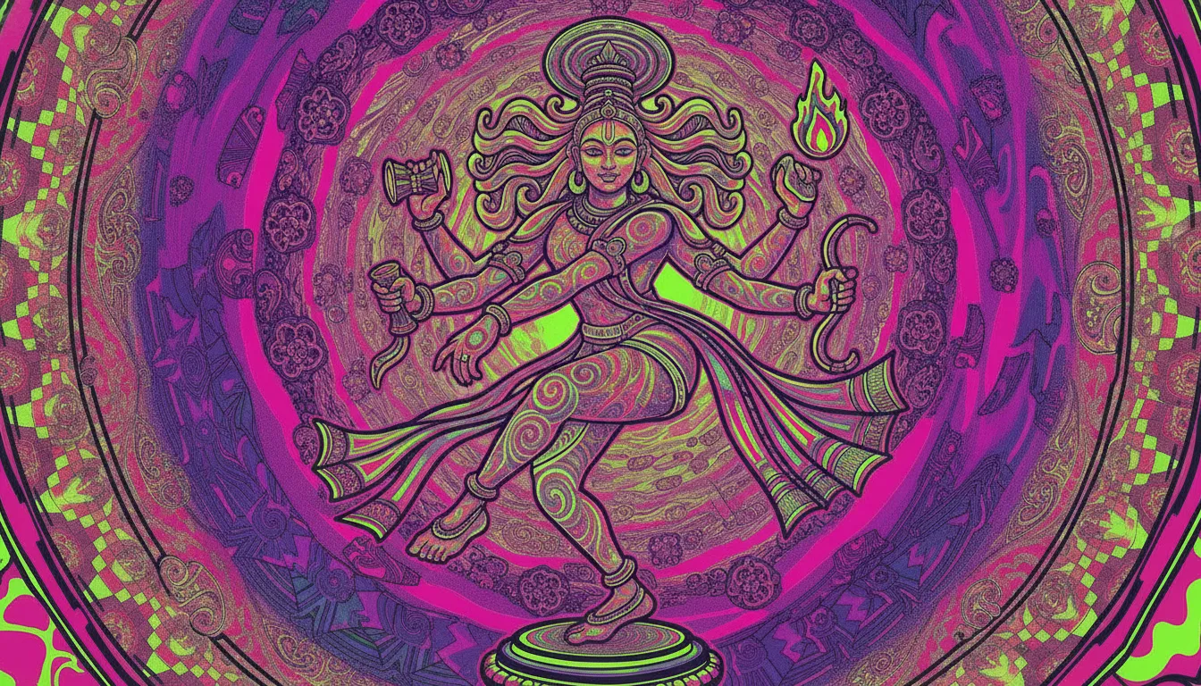 A psychedelic style Nataraja illustration with trippy multi-colored patterns, optical illusions, and vibrant neon gradients.