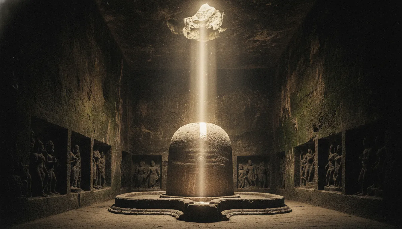 Full hd images of shivling carved inside an ancient monolithic rock-cut cave temple with natural sun beams.