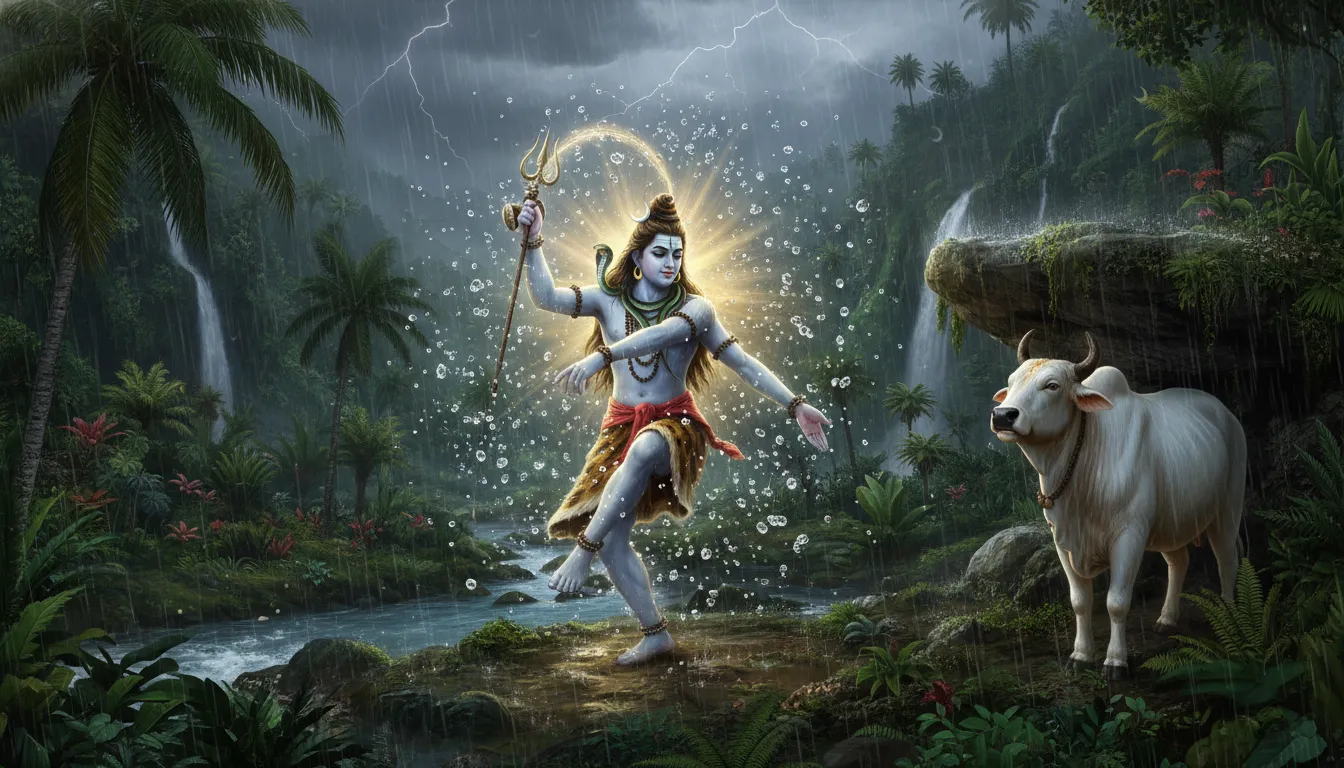 Mahadev dancing happily under heavy monsoon rain in a lush green valley with Nandi.