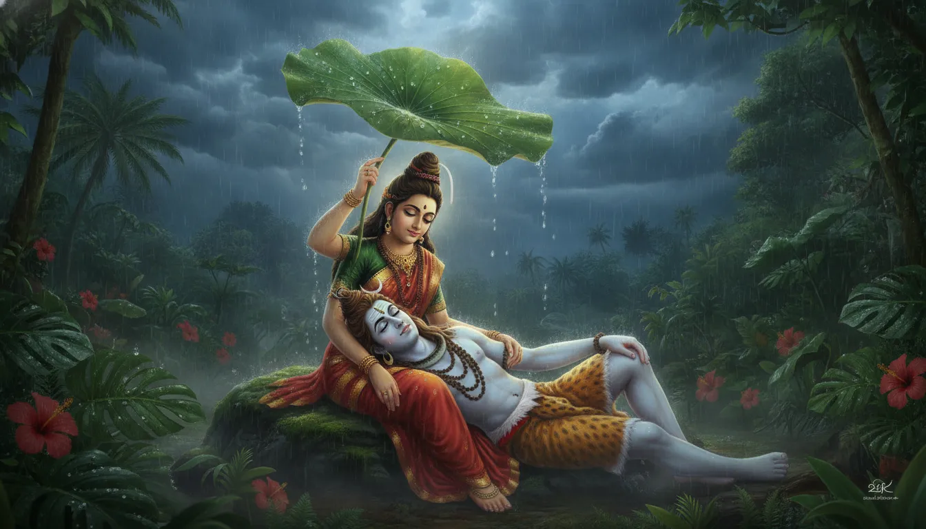 Parvati protecting a resting Shiva from gentle monsoon rain with a lotus leaf