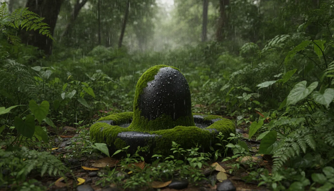 Nature themed black shivling hd images under rainfall.