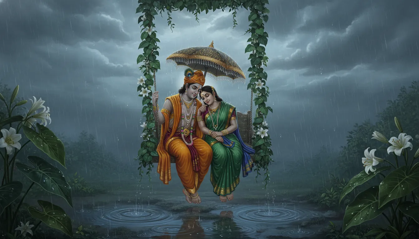 A divine couple holding a decorative umbrella on a floral swing during a gentle monsoon rain with dark blue clouds.