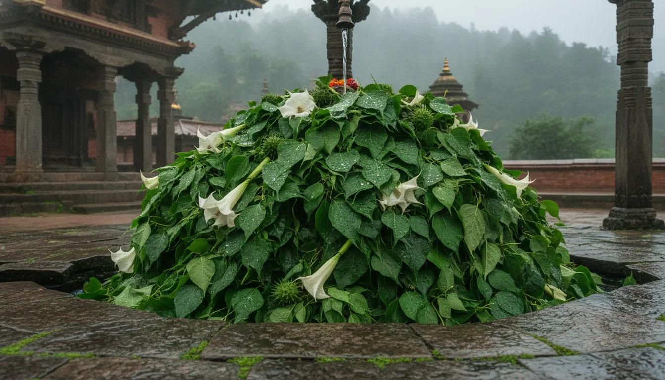 Holy Pashupatinath Shivling Nepal covered with green Bel leaves and wet river sand during Shravan holy month