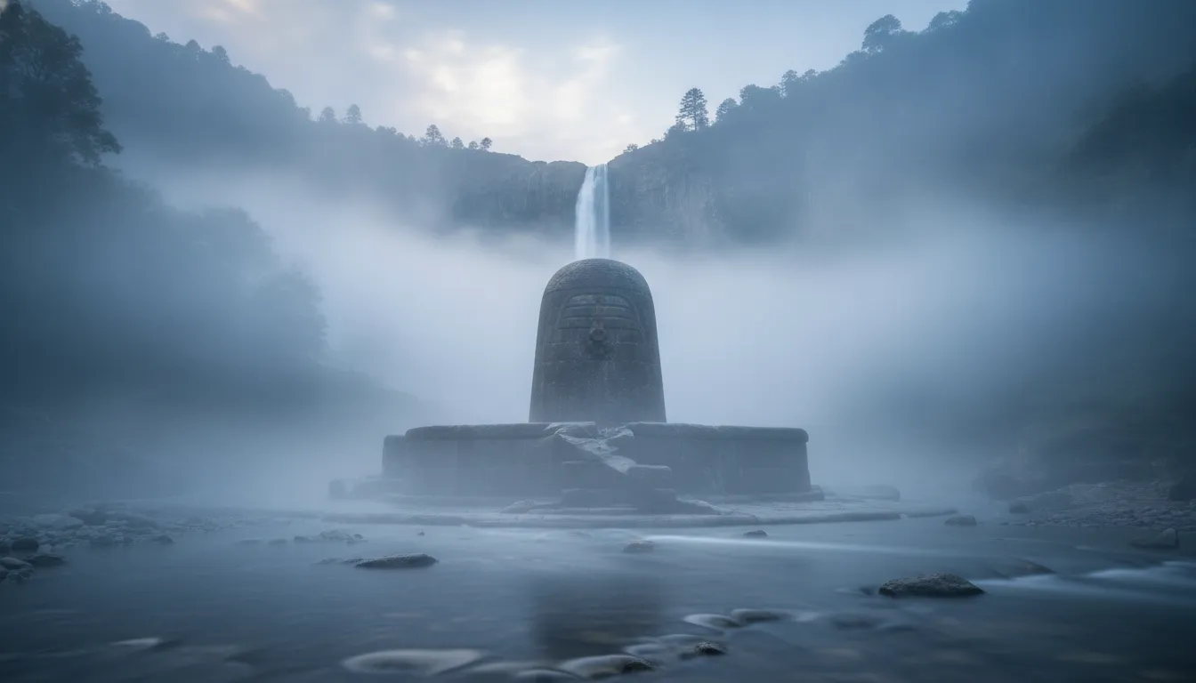 A mystical morning view of the stone Shivling enveloped in thick white fog and mountain mist