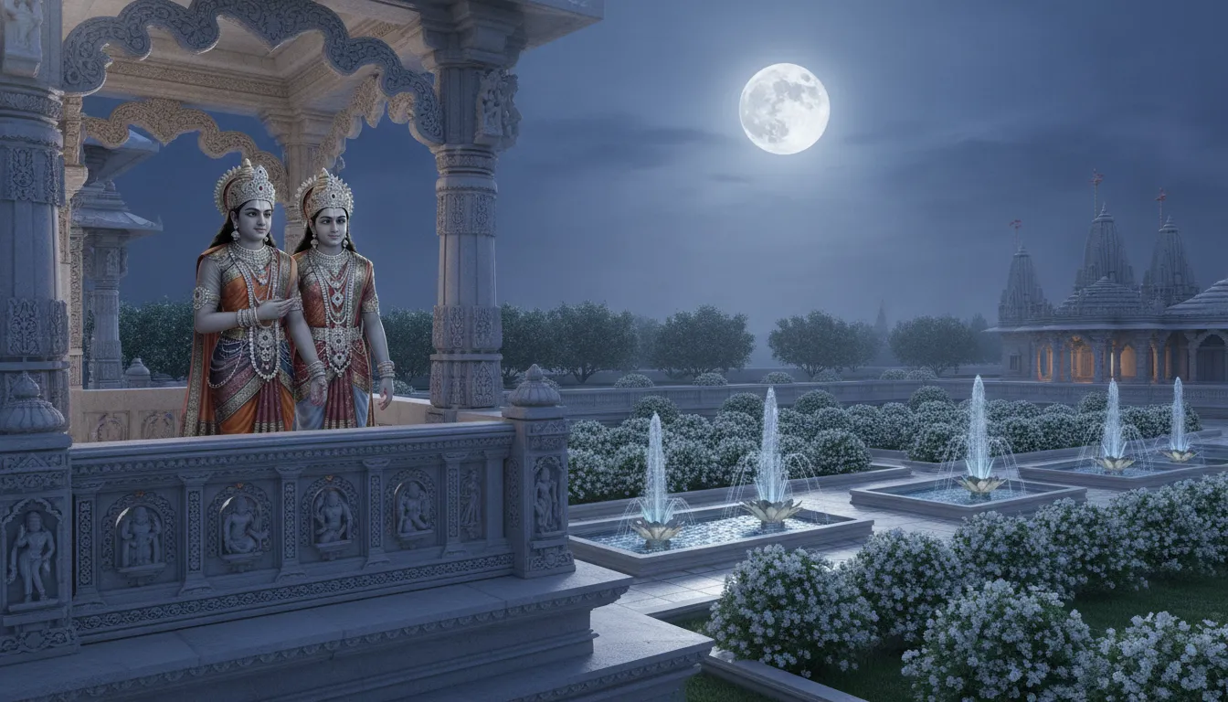 Divine couple standing on a balcony overlooking a moonlit temple garden and fountains.