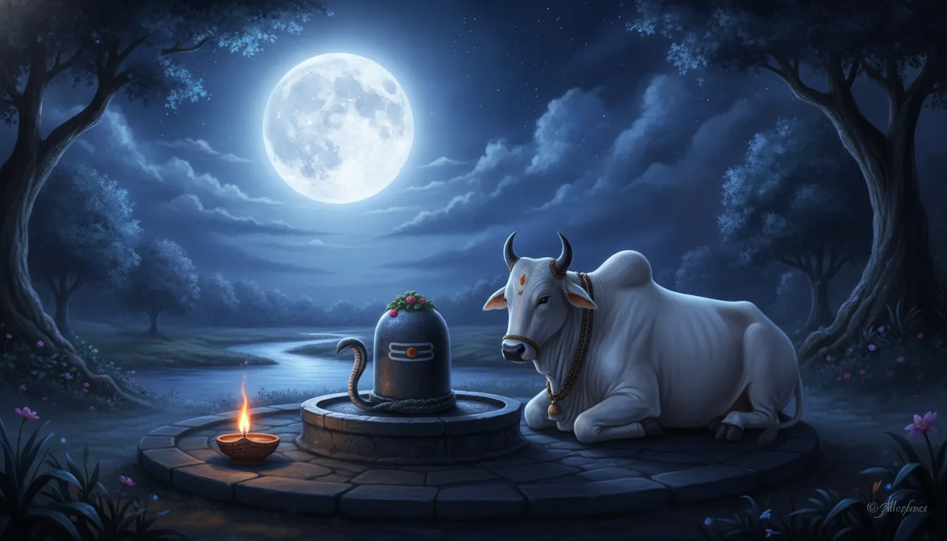 Mystic Lord Shivling with Nandi HD image under a full moon night sky.