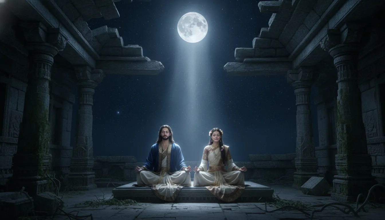 Divine couple meditating inside an ancient open-roof temple under bright silver moonlight