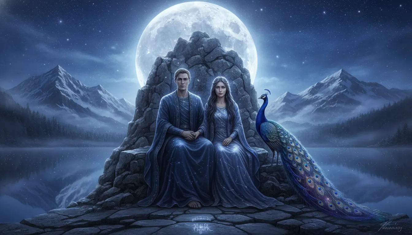 Divine couple seated on a silver throne under a full moon in the mountains