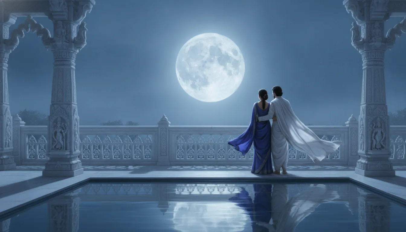 A spiritual couple standing together on a beautifully carved temple balcony looking at a full moon.