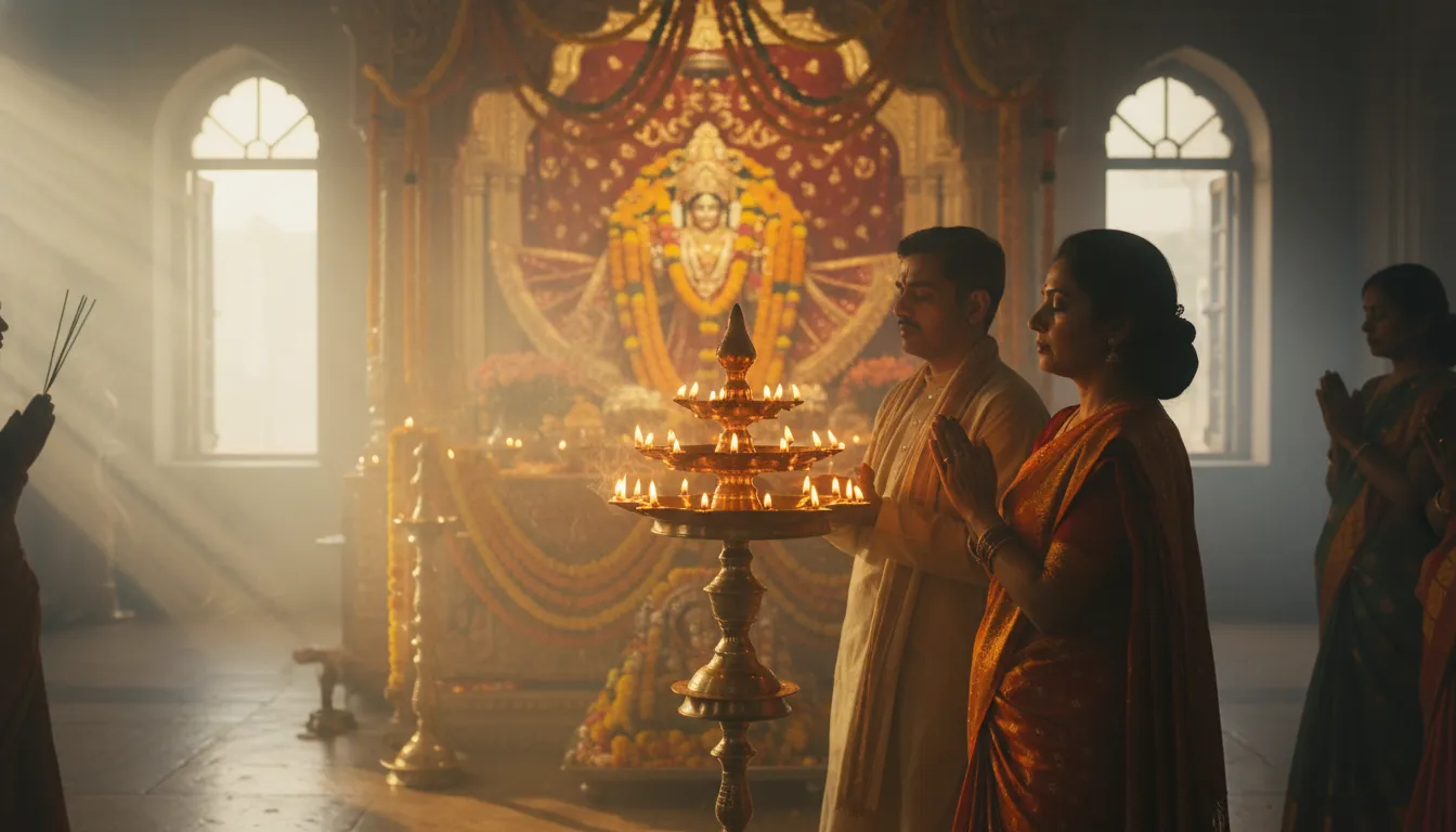 Devotees holding oil lamps during a morning prayer ritual inside a beautifully lit temple.