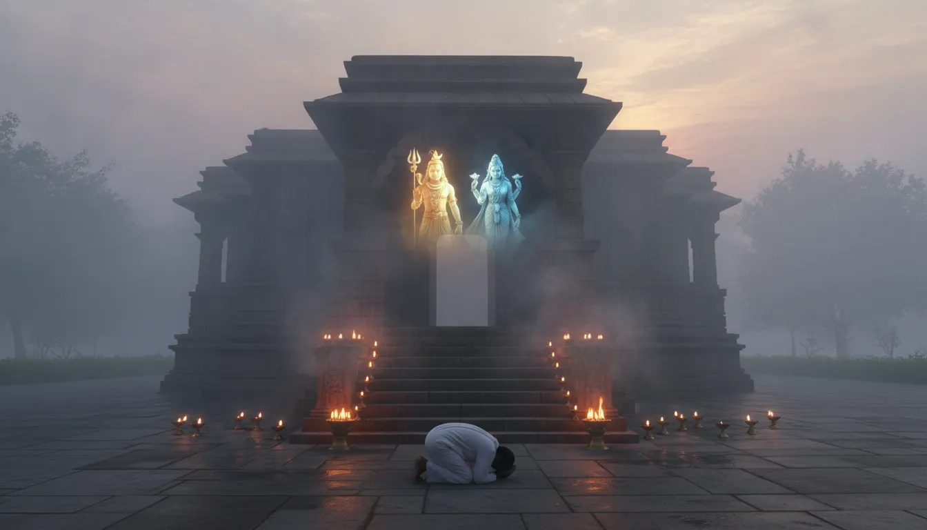 Shiva and Parvati appearing amidst morning mist and oil lamps at a traditional temple entrance