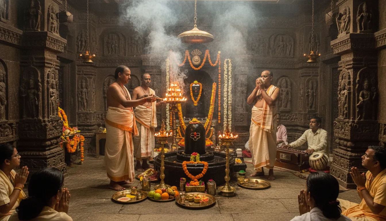 Wide-angle view of the internal sanctum of Singheshwar Mandir during the morning aarti with priests chanting around the Shivling.