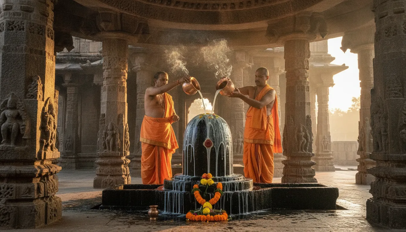 Milk and holy water being poured over the sacred Shivling of Bhimashankar during morning prayers.