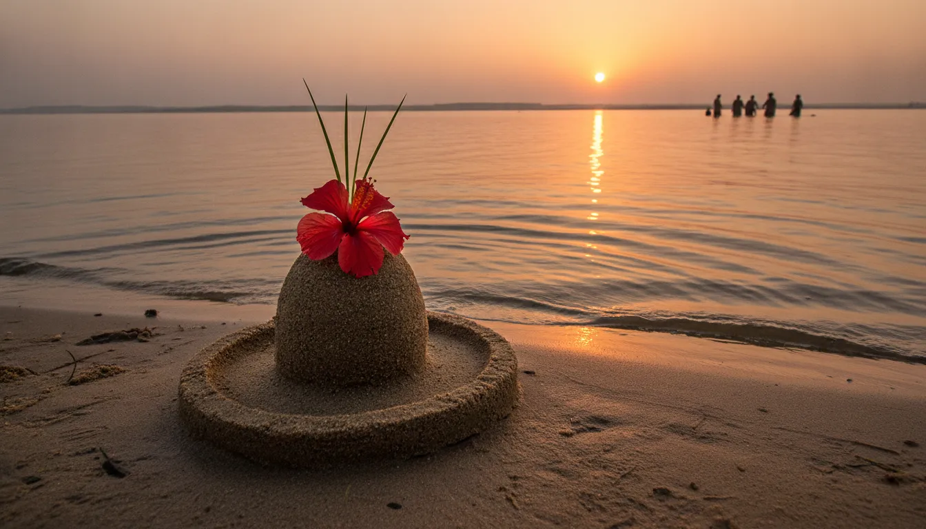 Hand-made sand Shivling on the banks of river Ganga at sunrise