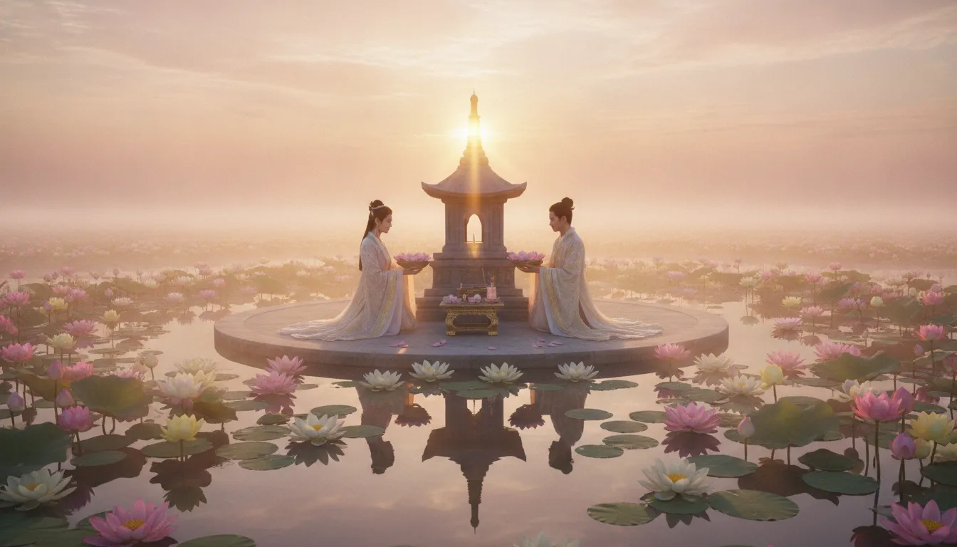 Divine couple offering prayers at a small shrine within a lotus-filled garden.