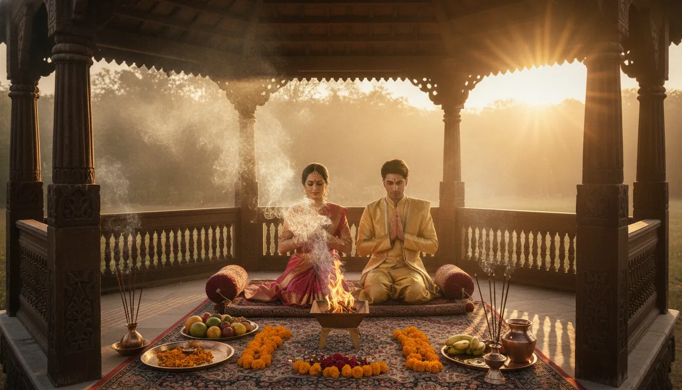 A spiritual illustration of a divine couple performing a morning ritual near a small sacred fire altar with offerings.