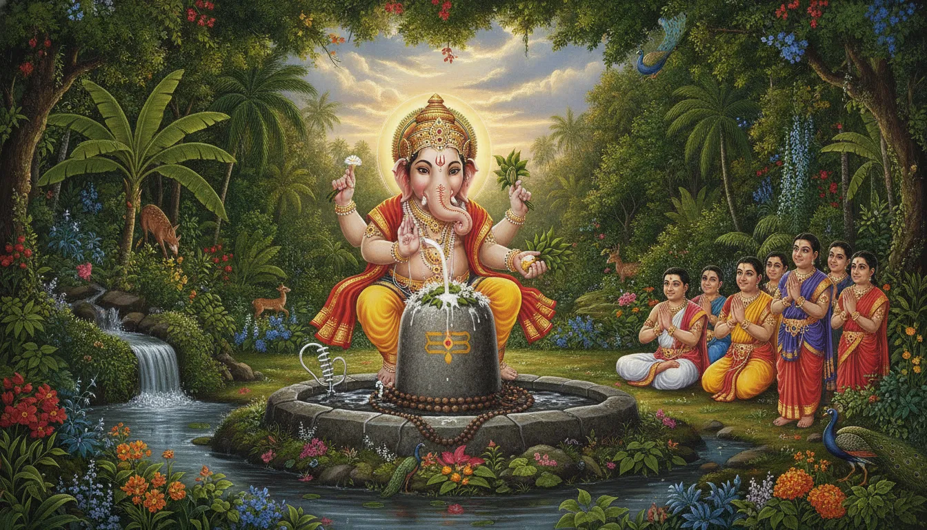Sun rays falling on a beautiful home altar with Ganesh and Shivling idols.