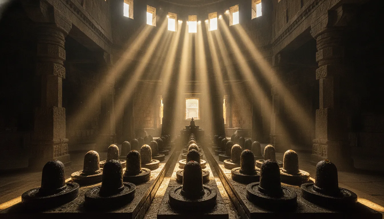 Sunlight beams falling directly on the 108 Shivlings inside the ancient temple hall.