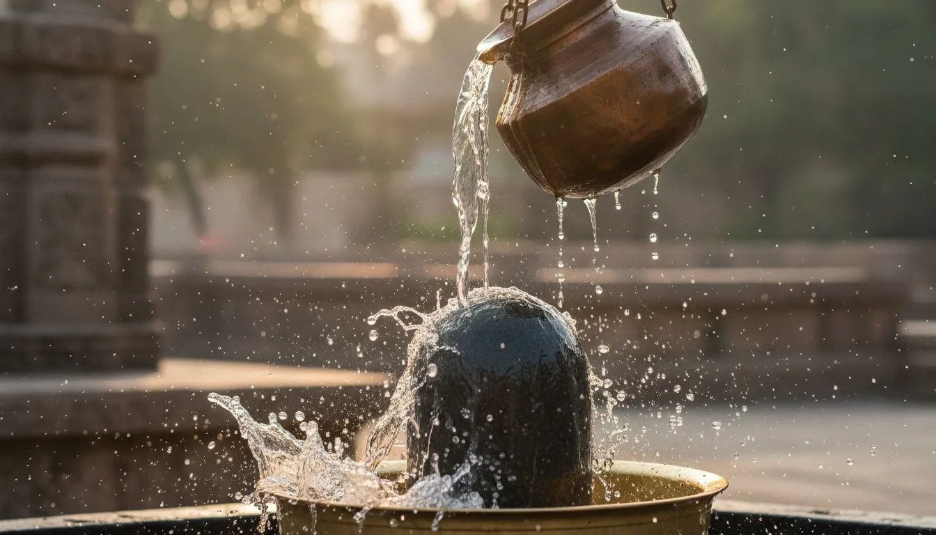 A dynamic action shot of clean water being poured over a stone shivling in the morning light.