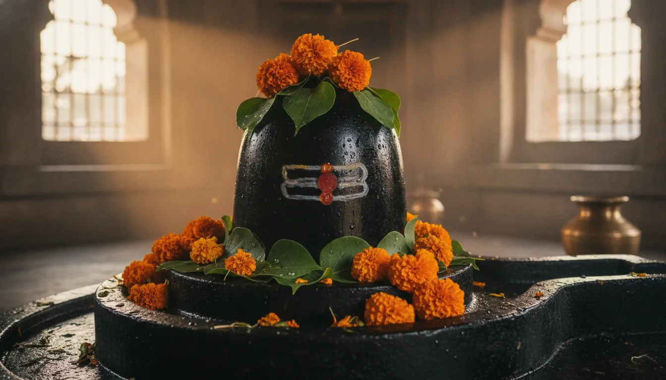 Holy Shivling adorned with Bilva leaves and marigold flowers in morning light