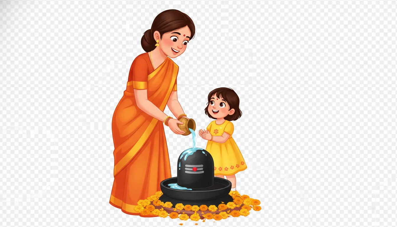 Generational values depicted through shivling pooja by lady cartoon png images teaching her young daughter rituals.