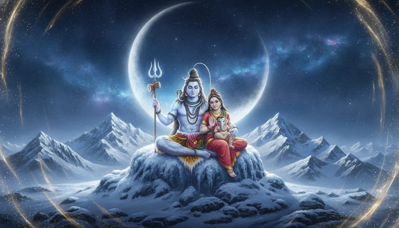 Lord Shiva and Goddess Parvati sitting on top of Mount Kailash under a massive glowing crescent moon