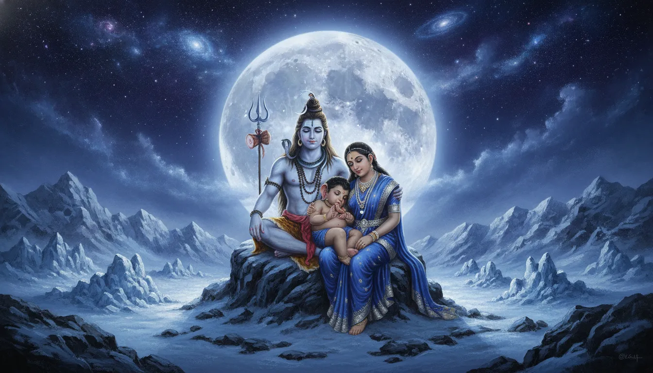 Divine family Shiva Parvati and Ganesha under a bright full moon night sky