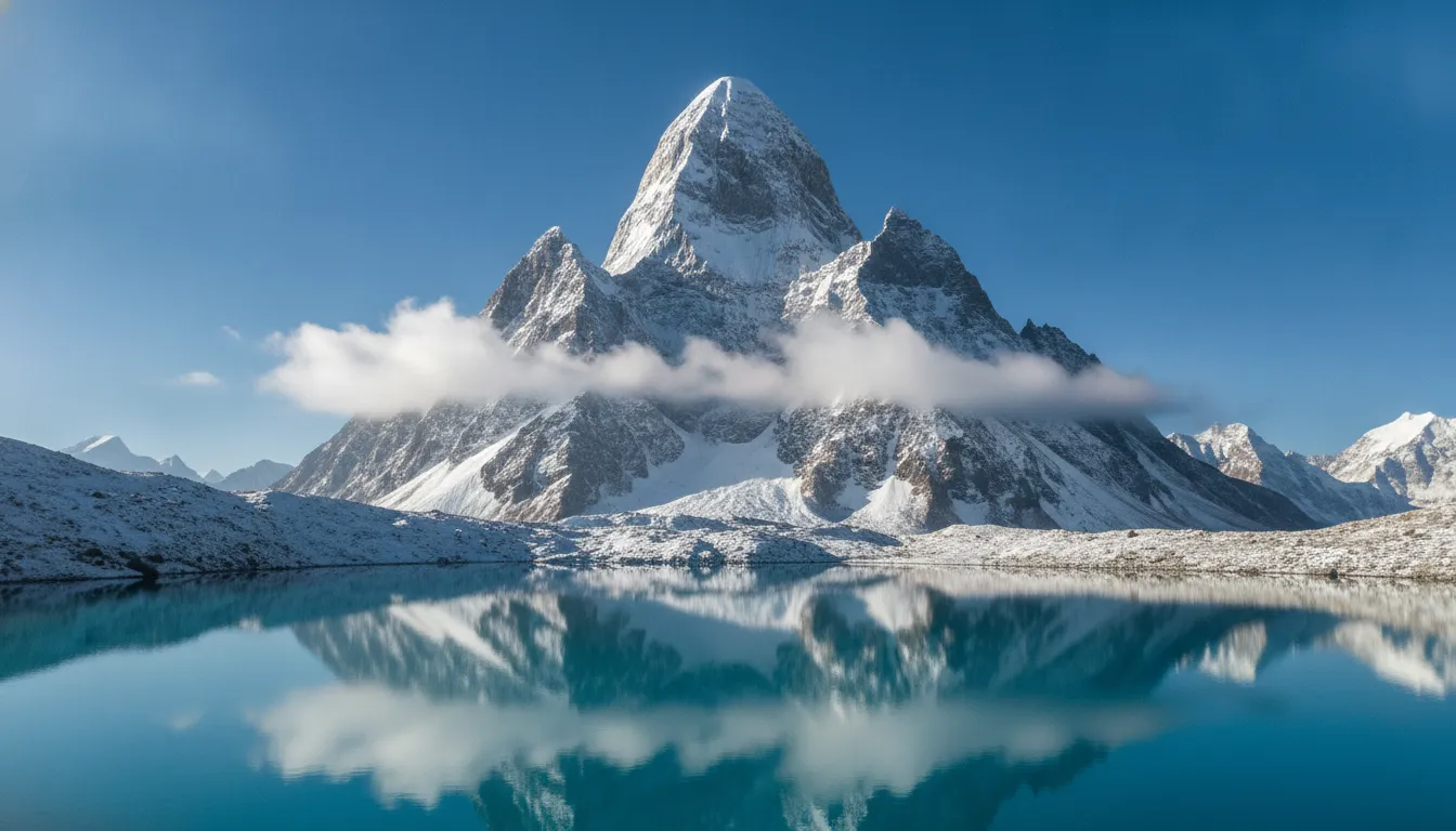 Mount Kailash peak shaped naturally like a massive Shivling rising above snow-capped Himalayan mountains.