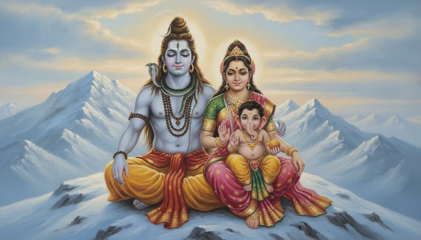 Lord Shiva and Parvati sitting with Ganesha on snow-clad Mount Kailash