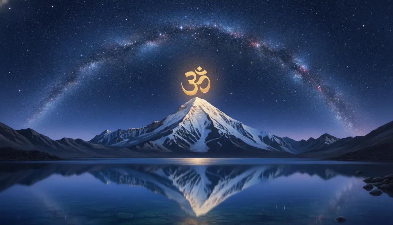 Spiritual landscape artwork of Mount Kailash under a starry sky with a glowing golden Om symbol.