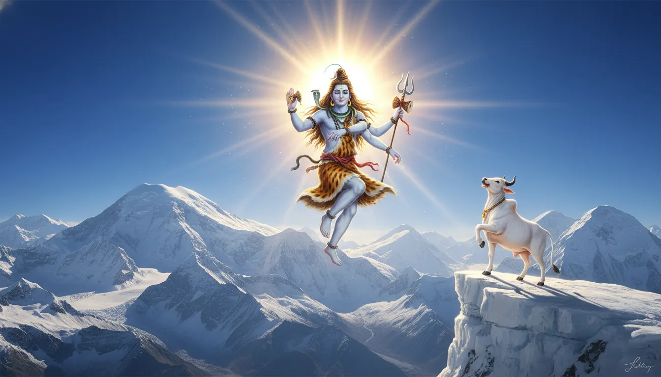 Lord Shiva celebrating a joyful dance with Nandi on a snow-covered Himalayan mountain peak.