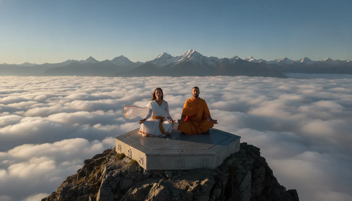 A powerful spiritual art piece showing a divine couple sitting in meditation on a high mountain peak overlooking a valley of clouds.