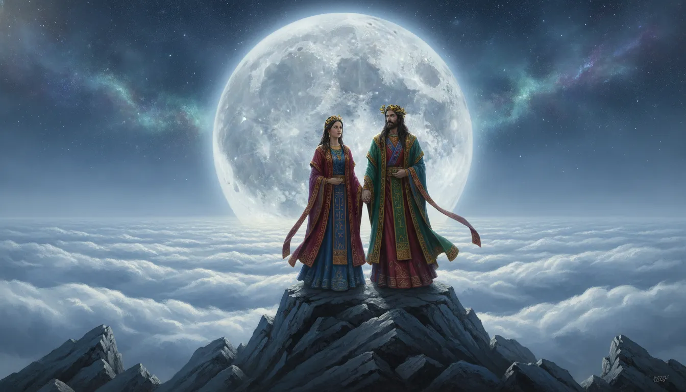 A spiritual couple standing on a high mountain peak closer to a magnificent glowing full moon.