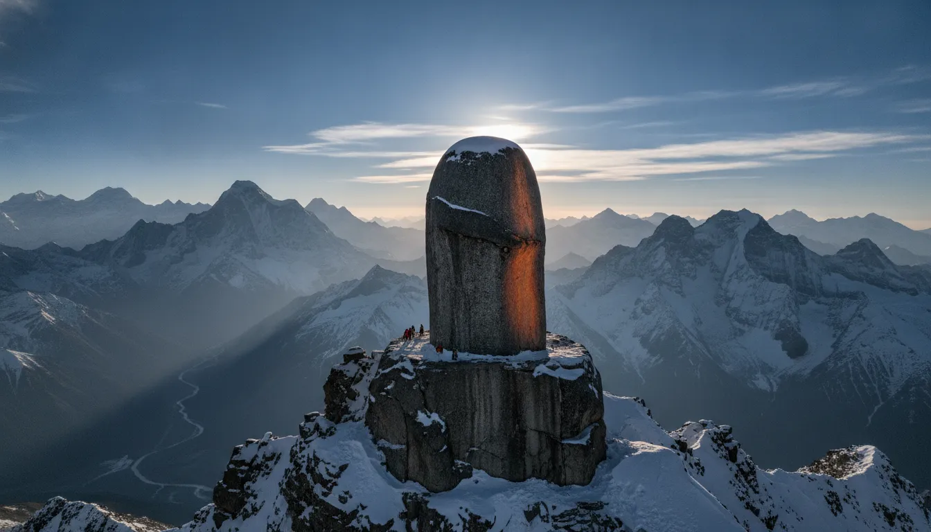 Massive natural rock shivling formation on a snow-capped mountain peak