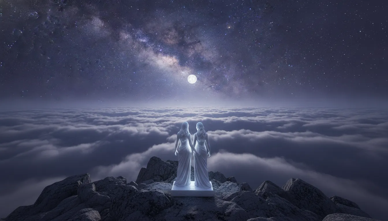 Divine couple sitting on a high mountain cliff under a starry night.