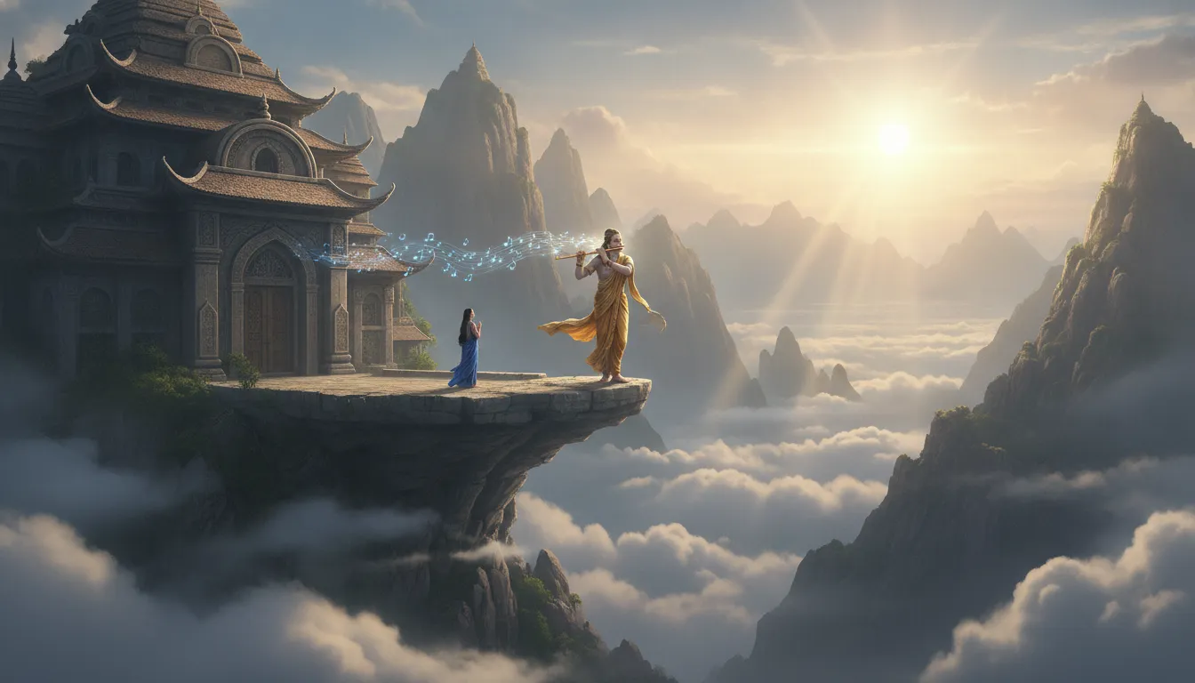A temple built on a high mountain peak where a divine flute player stands amidst clouds.