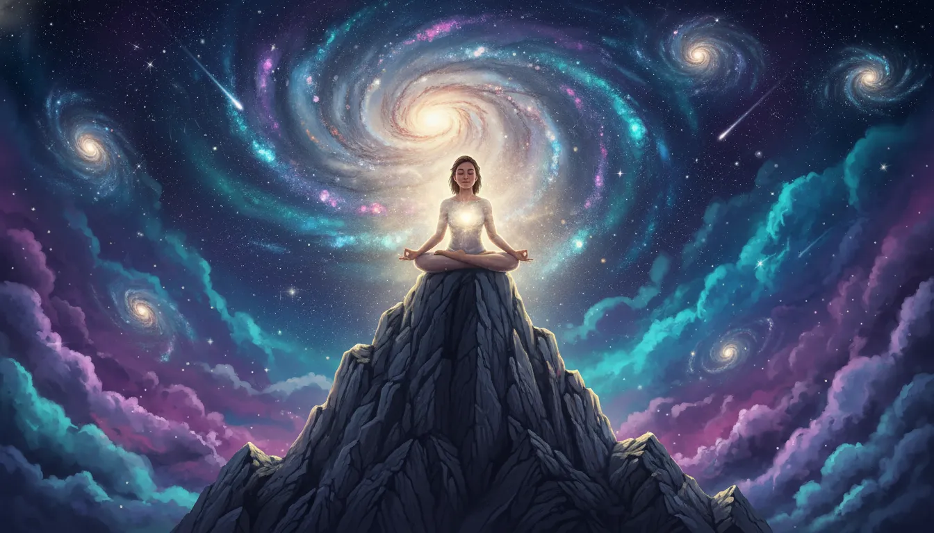 A person meditating on a high mountain peak surrounded by a starry galaxy sky