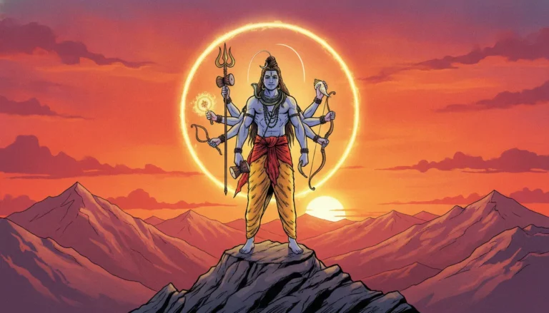 An illustration of Lord Shiva with multiple arms holding various divine symbols.