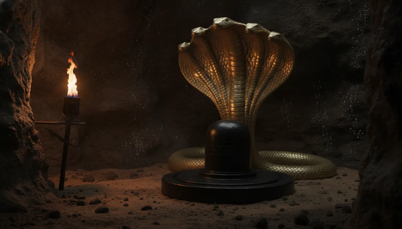 A polished brass five-headed cobra hood shadowing a stone Shiva Lingam in a dark cave.