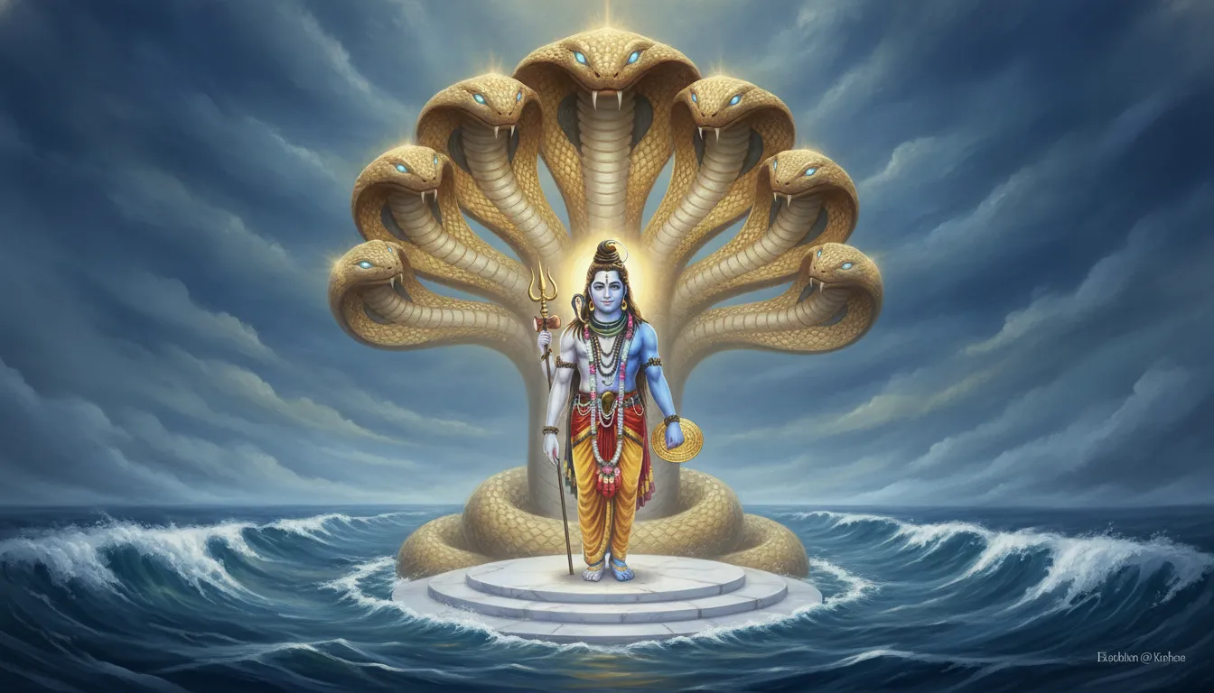Golden multi-headed cobra Sheshnag spreading his hoods over Harihara in the ocean.